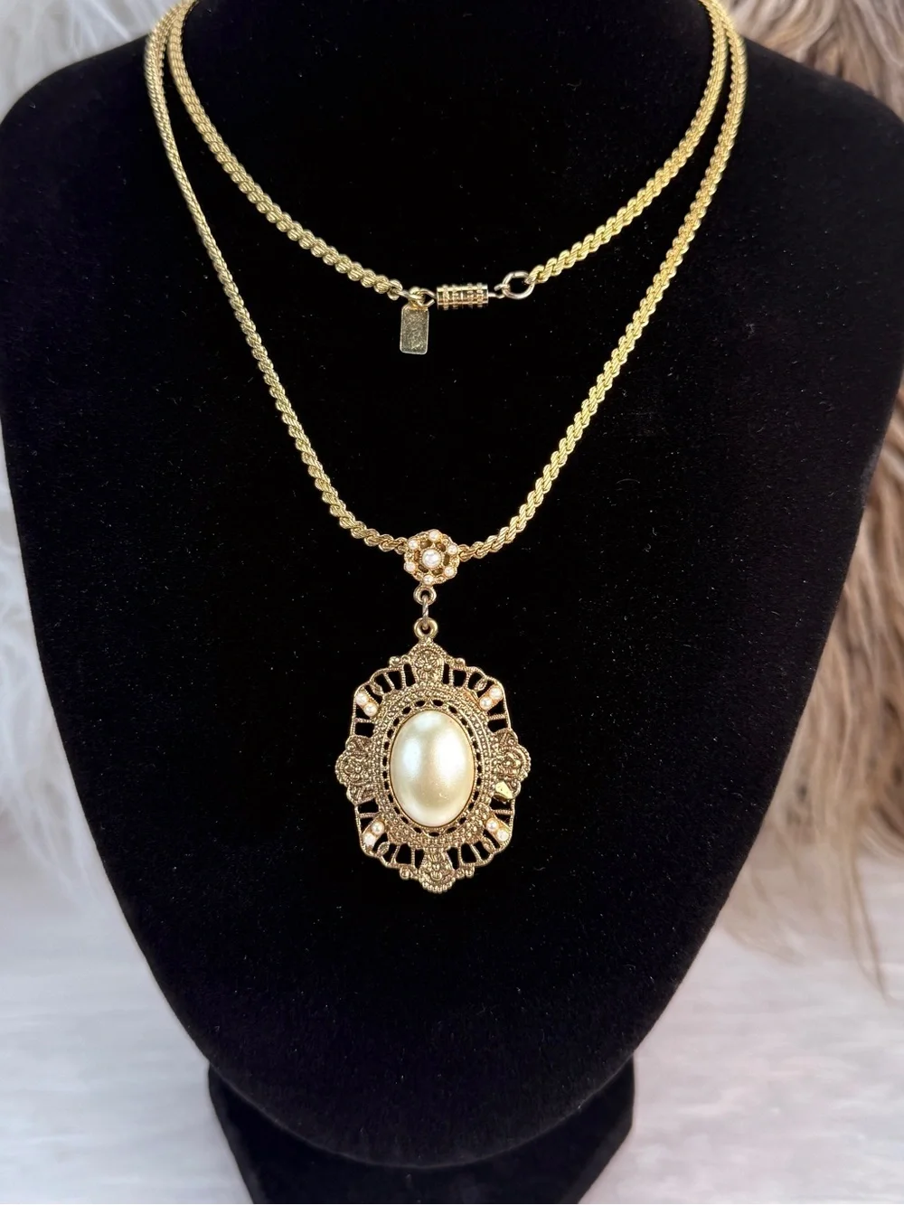 1928 Signed Gold Tone Cream Cabochon Ornate Pendant Long Necklace Victorian